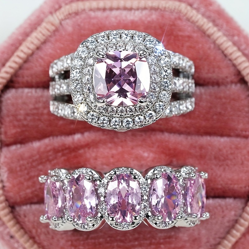 2pcs Cubic Zirconia Pink Gemstone Engagement Rings Bundle